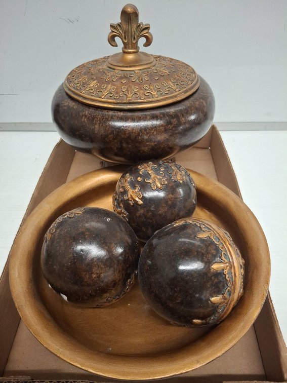 Decorative Bowl With Spheres And Lidded Jar Set
