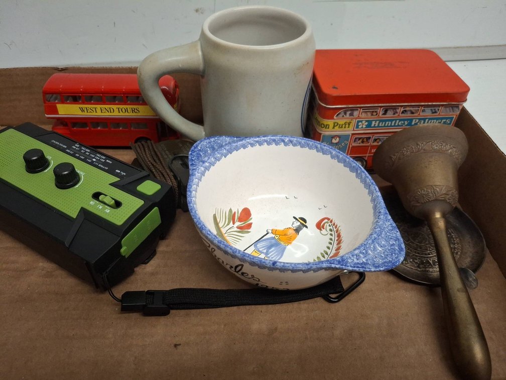 Decor Lot: Quimper Bowl, Busch Mug, Tins