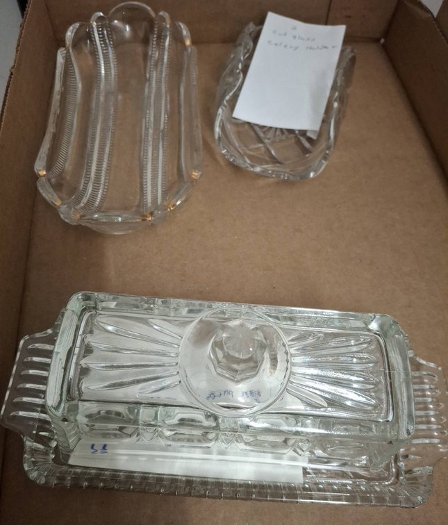 Cut Glass Butter Dish & Celery Holders Lot
