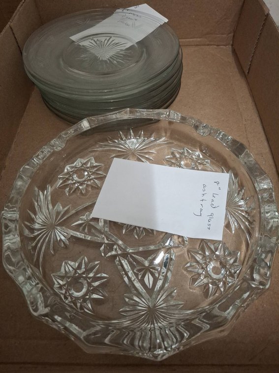 8" Lead Glass Ashtray, 8 Glass Dessert Plates