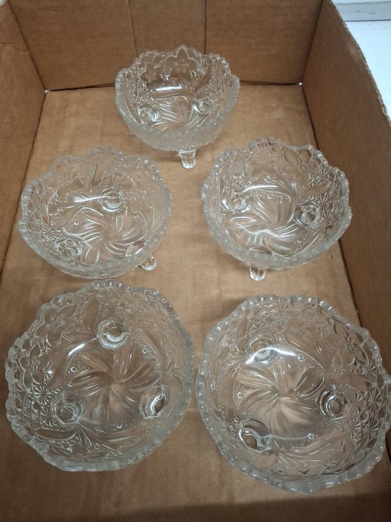 5 Cut Glass Bowls, 4 Inch, Three Feet