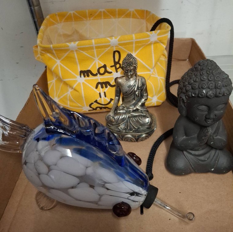 Buddha Figures, Art Glass Fish, Bag