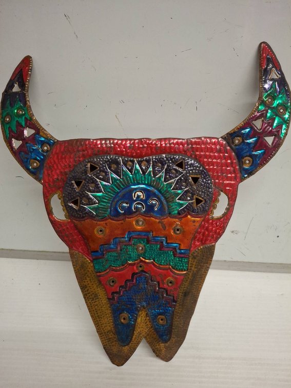 13x15" Colorful Metal Bull Skull Wall Art