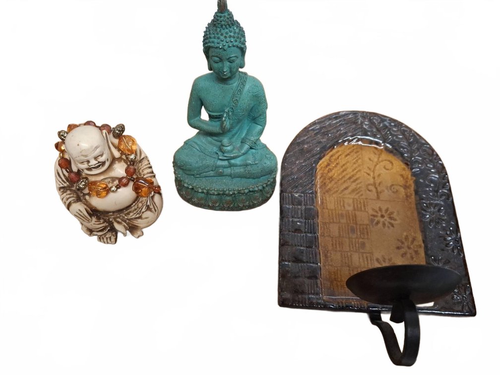 Buddha Figurines and Wall Sconce Trio
