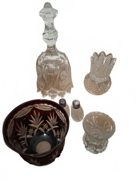 Crystal & Ruby Cut Glass Decor Lot, 6 Pieces