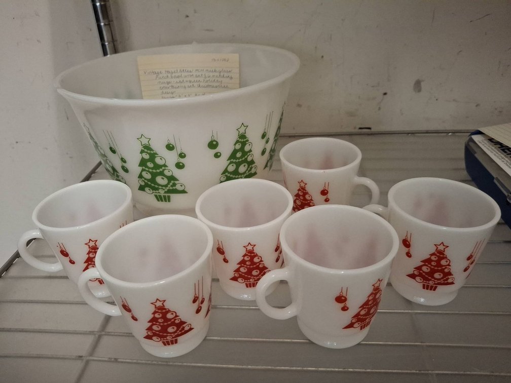 Hazel Atlas Milk Glass Punch Bowl Set, 7pc