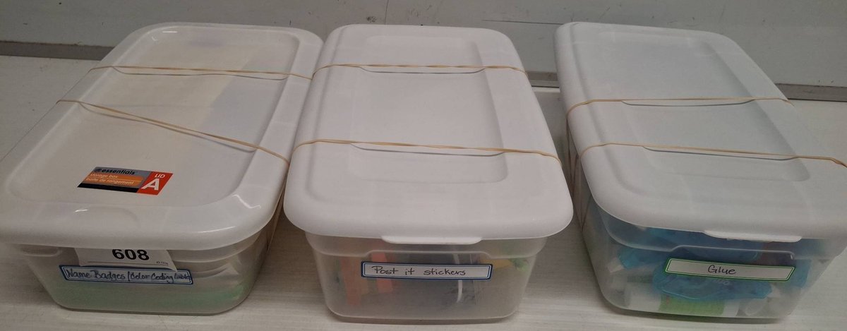 Office Supplies in Three Storage Bins