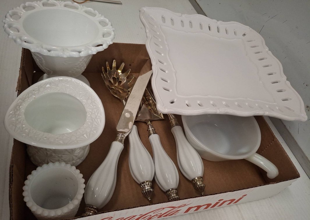 White Milk Glass Dishes & GODINGER Set