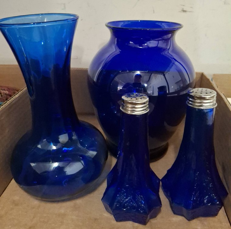 Blue Glass Vases and Salt Pepper Shakers Lot