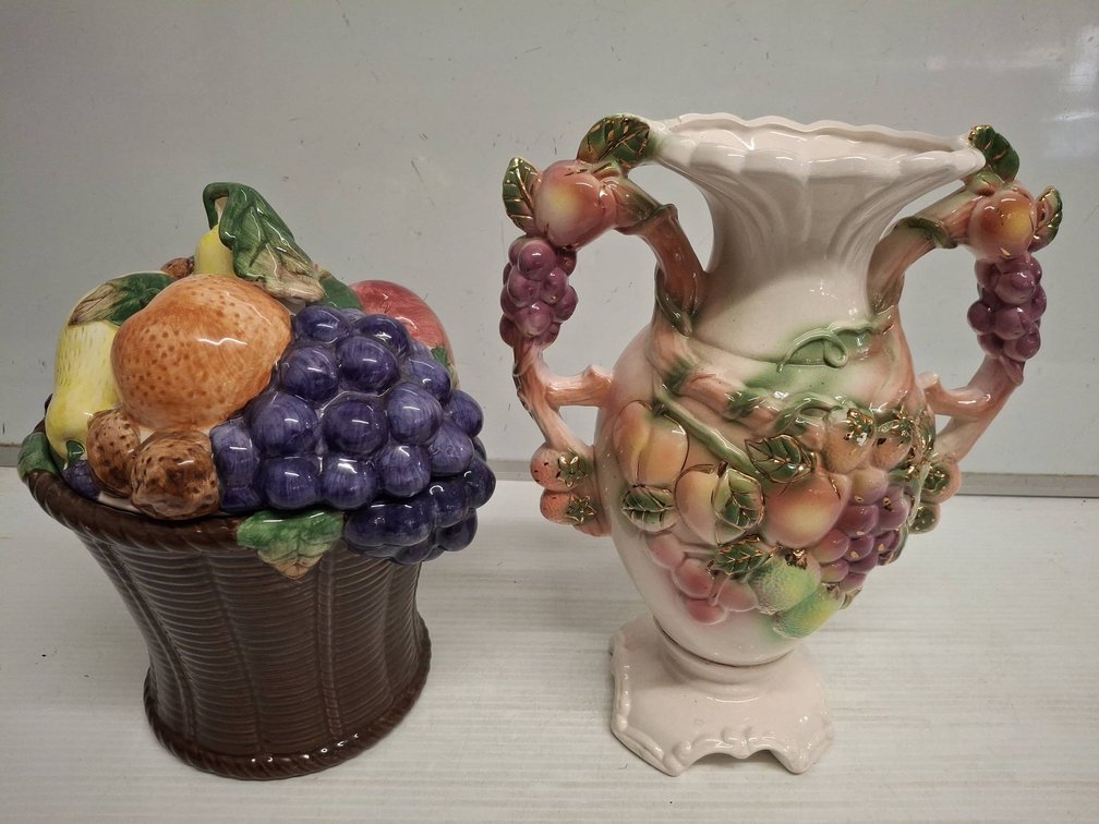 Ceramic Fruit Vase and Covered Basket Pair