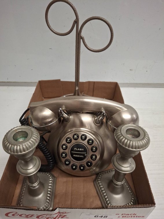 Metal Phone, Two Candlesticks and Wire Stand Set