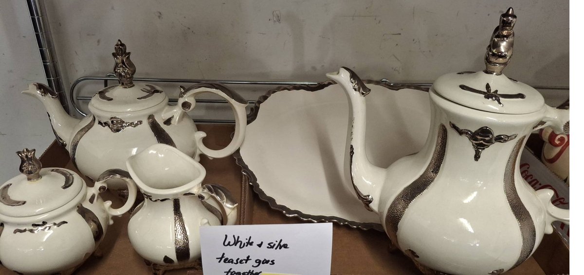 White & Silver Ceramic Tea Set with Tray