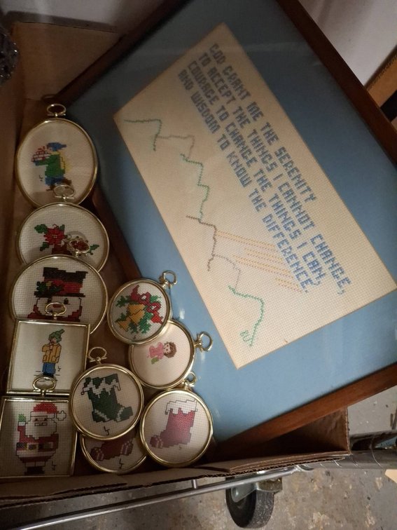 Cross-Stitch Framed Art with Ornaments Lot