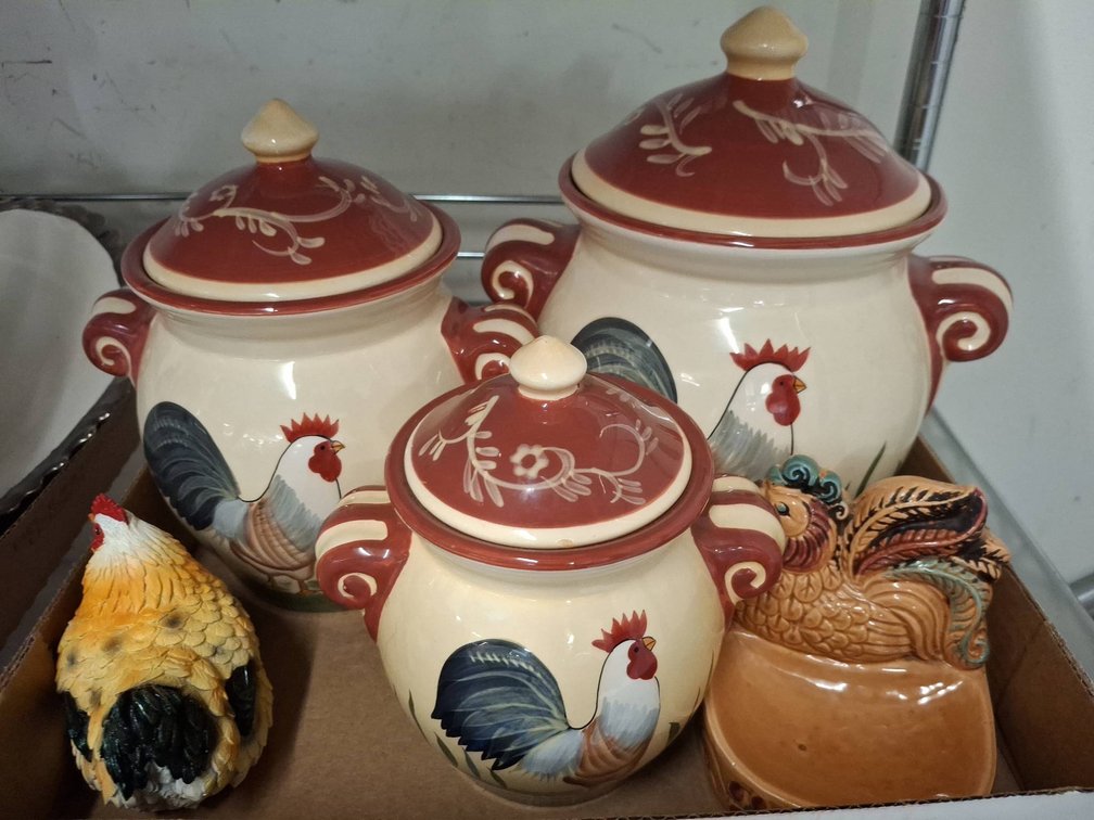Rooster Ceramic Canisters and Hen Figurines Lot