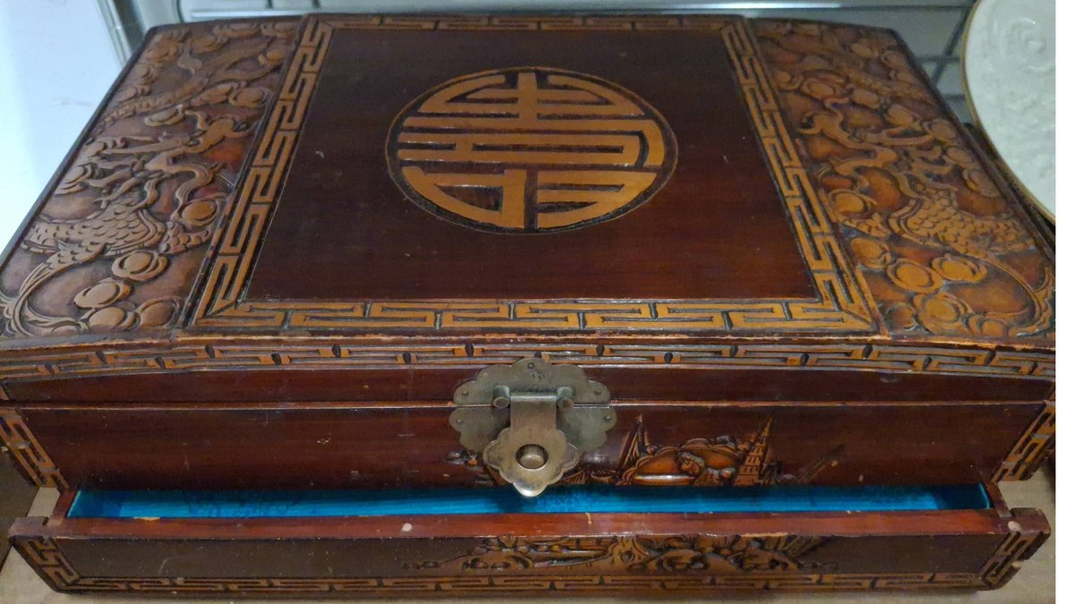 Carved Wooden Jewelry Box with Blue Lining