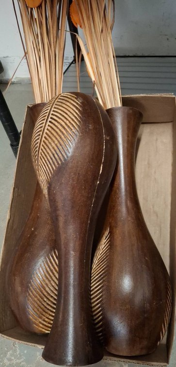 Carved Wood Vases with Dried Grass