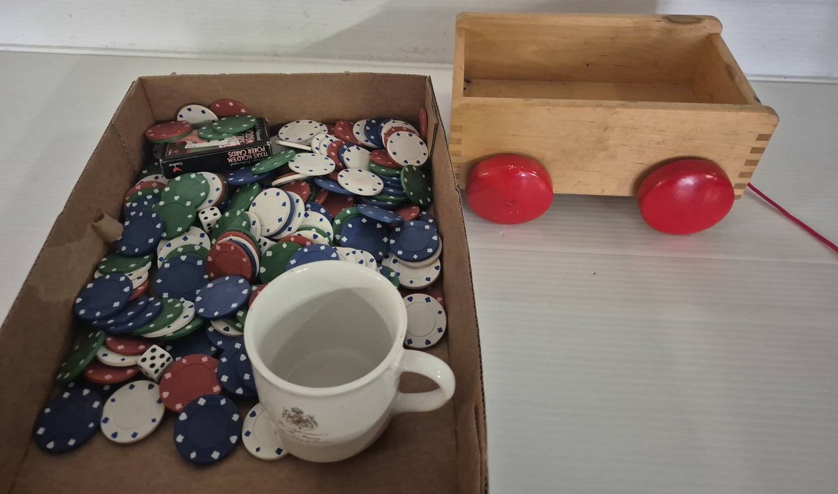 Poker Chips, Mug, Playing Cards & Wooden Cart