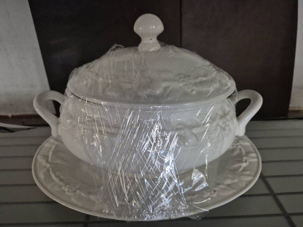 White Ceramic Tureen With Handles and Platter