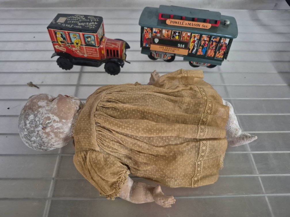 Tin Toy Car, Cable Car & Porcelain Doll Lot
