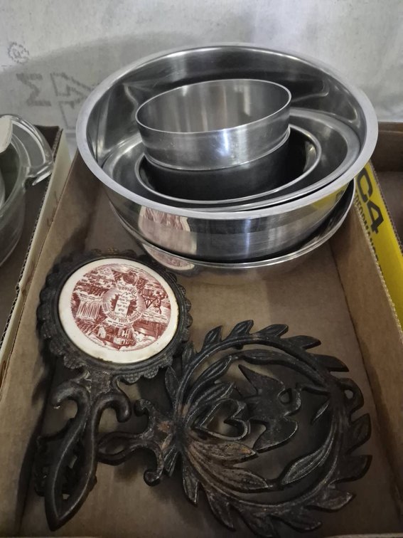 Stainless Mixing Bowls, Cast Iron Trivets Lot
