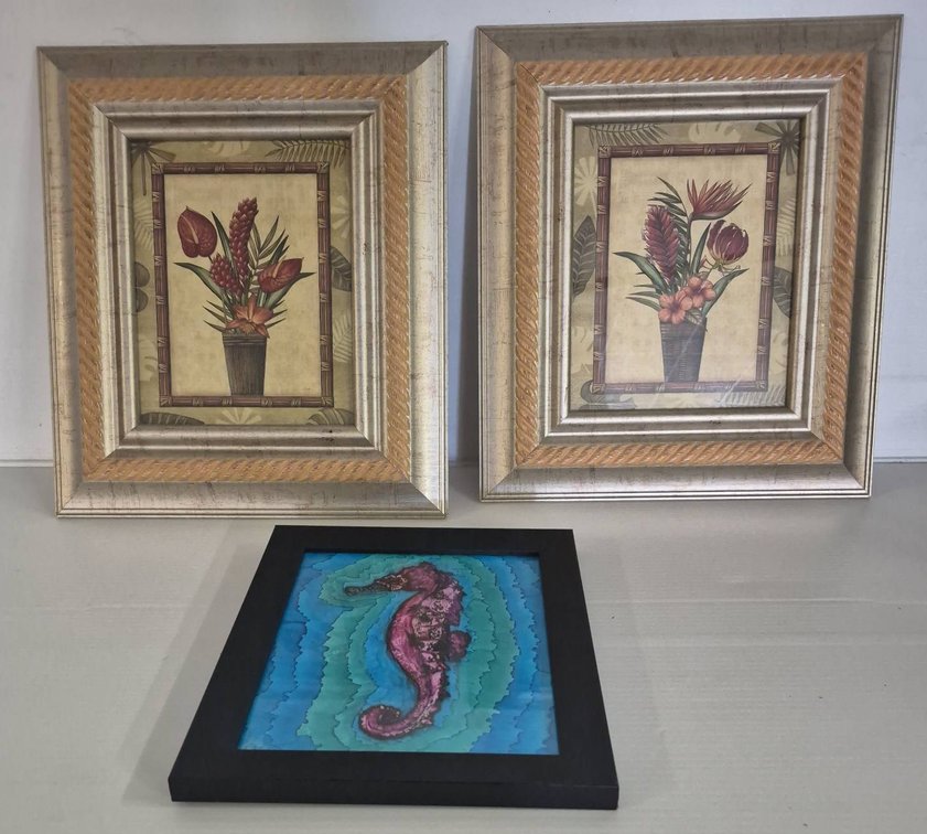 Framed Floral Prints & Seahorse Wall Art Set