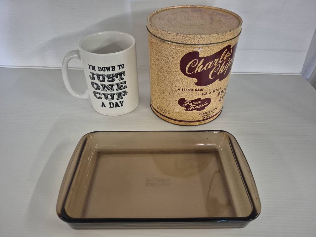 Charles Chips Tin, Mug, Pyrex Ovenware Dish