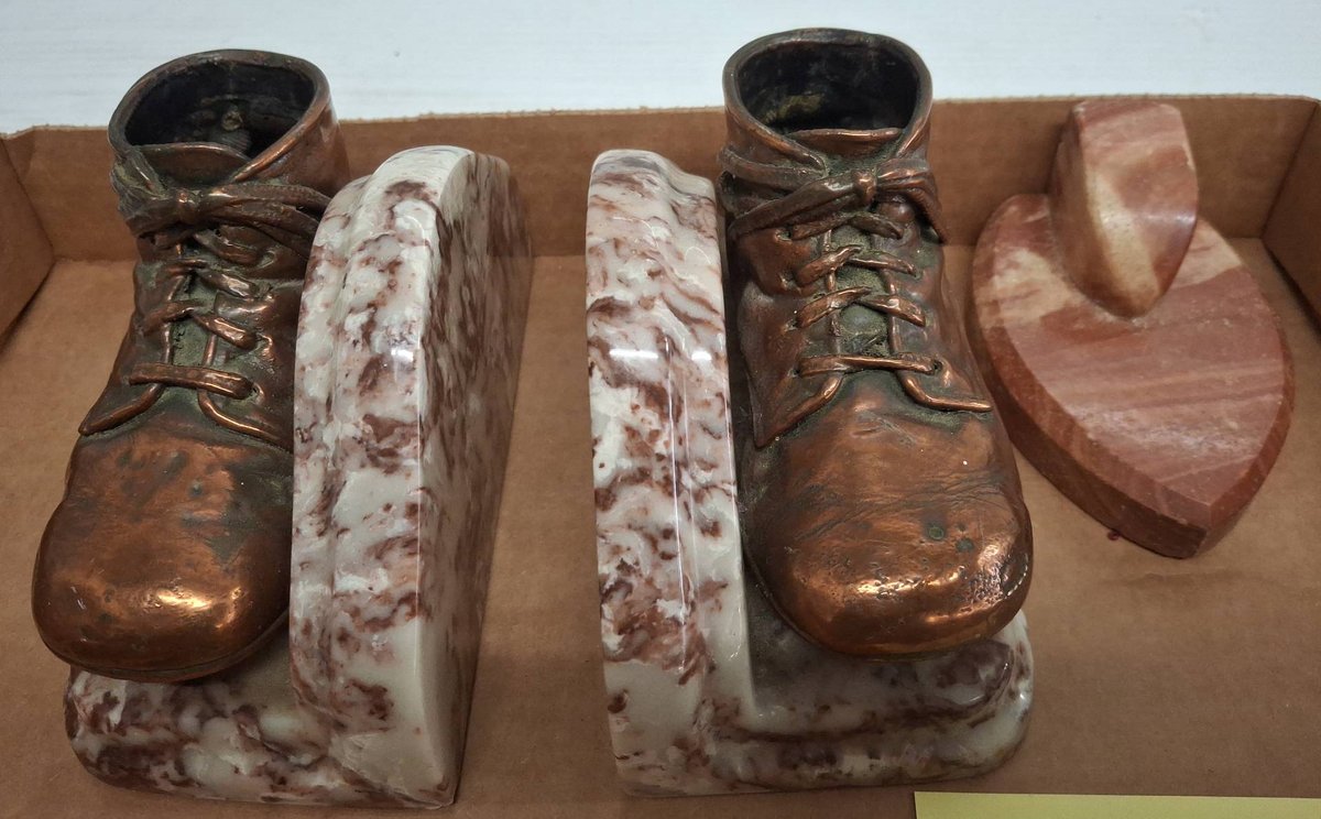 Marble and Bronze-Toned Child Shoe Bookends