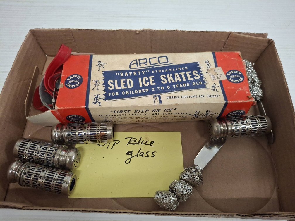 ARCO Sled Ice Skates, Blue Glass Shakers Lot