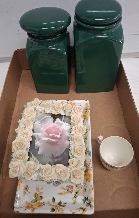 Ceramic Canister Set, Floral Frame, Tray & Cup