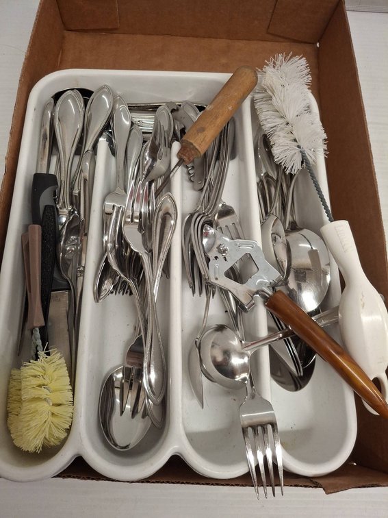 Box Lot Flatware, Utensils, Brushes, Trays