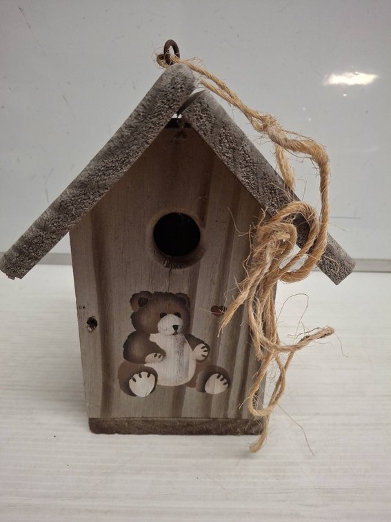 Wooden Birdhouse With Painted Bear and Rope