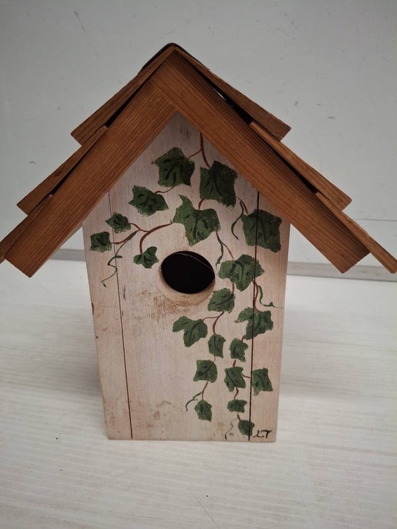 Hand-Painted Wooden Birdhouse With Ivy Design