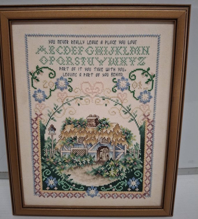 Framed Cross Stitch House Scene 12"×14"
