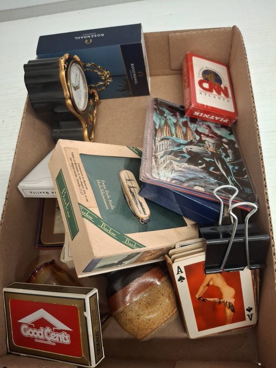 Box Lot: Playing Cards, Desk Clock, Mugs