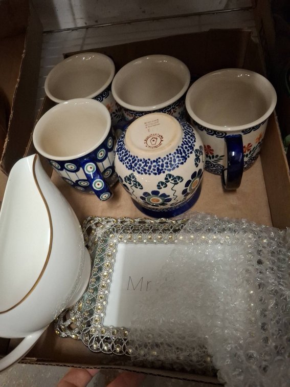 Polish Pottery Mugs, Wedgwood Gravy Boat Lot