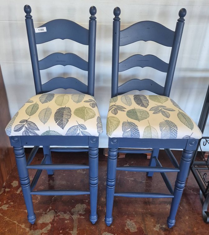 Pair 31" Blue Ladder Back Upholstered Chairs
