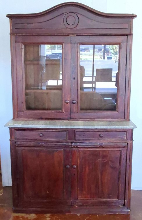 Wood Hutch with Glass Doors and Marble Top