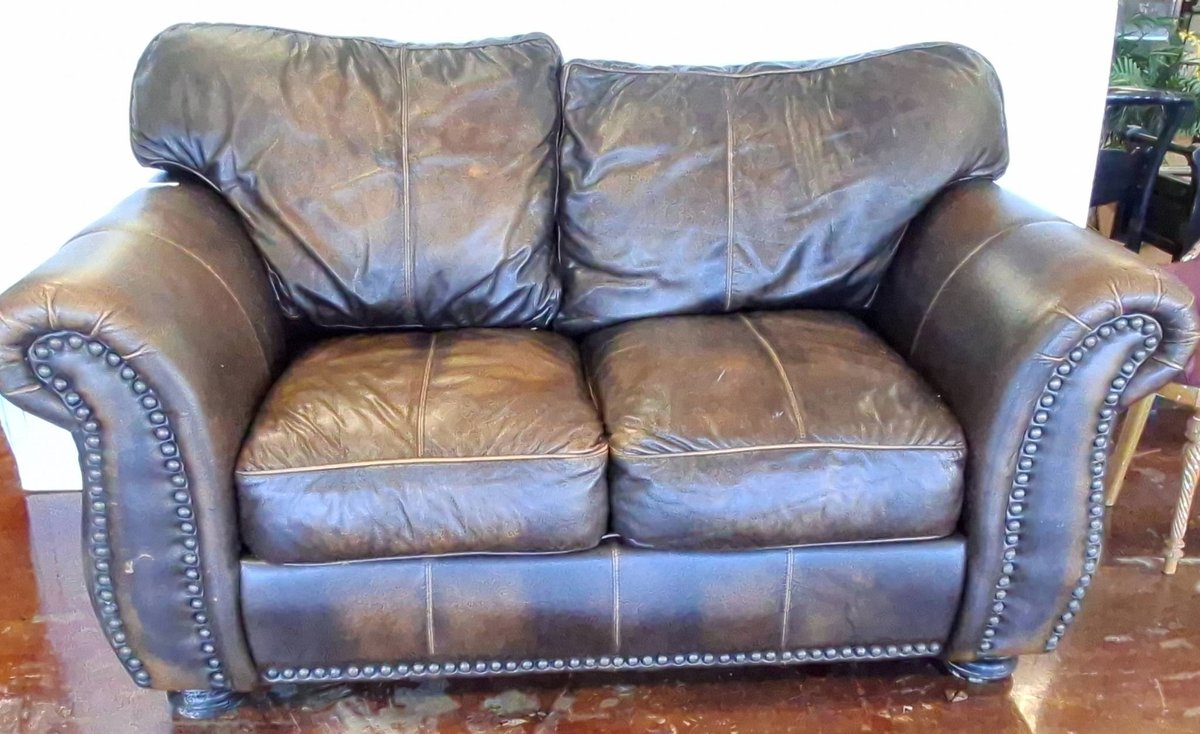 Brown Leather Loveseat With Nailhead Trim, 70 in.