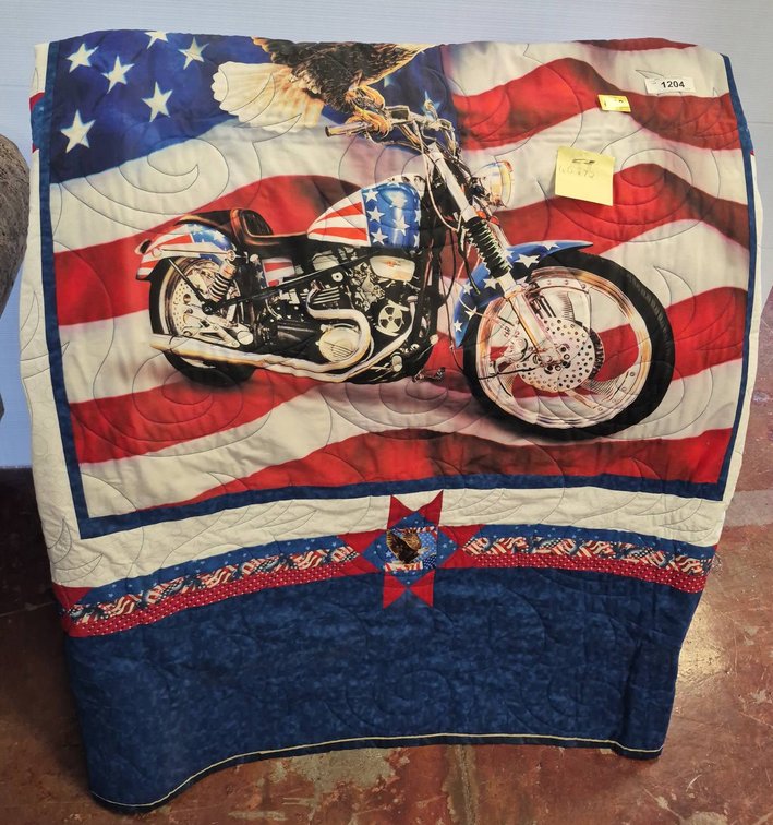 Quilt With Motorcycle Flag Eagle and Wood Rack