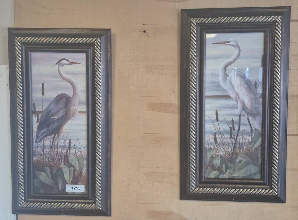 Pair Framed Heron Prints, 14x25 Inch Each