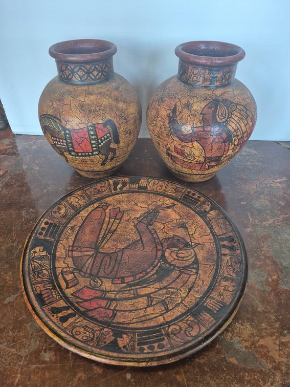 Pair Painted Vases With Tray, 10x13 In.