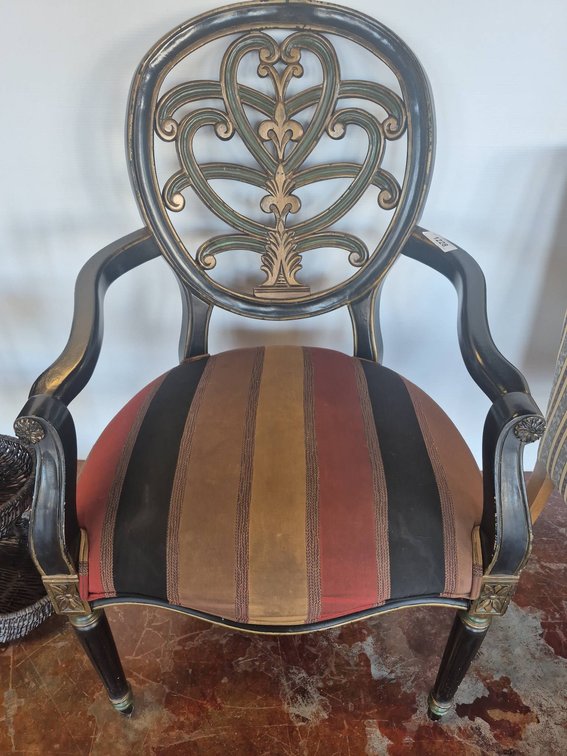 Ornate Wood Armchair With Striped Upholstery