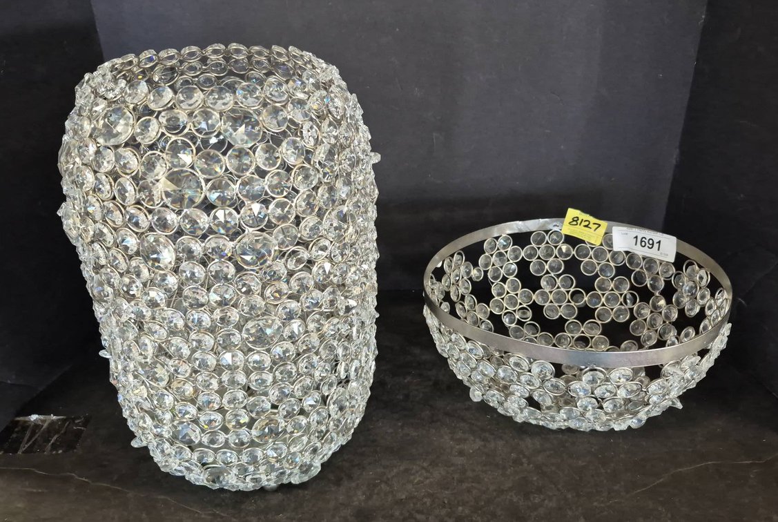 Crystal style-Accented Metal Vase and Bowl, 14in Tallest