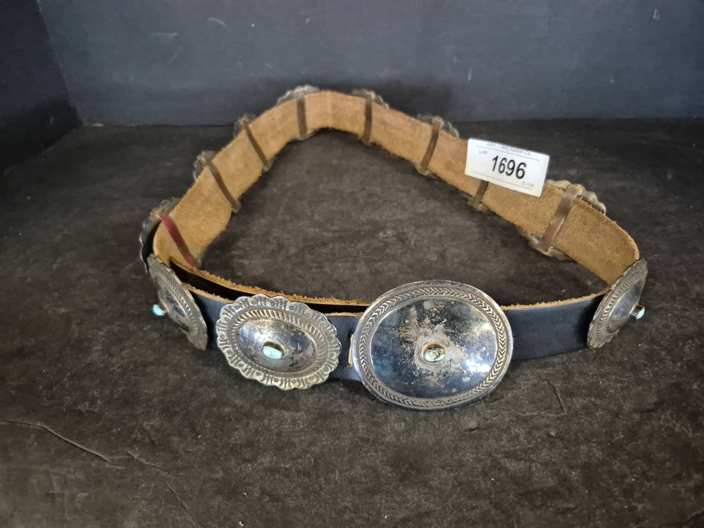 Leather Belt with Metal Conchos and Turquoise