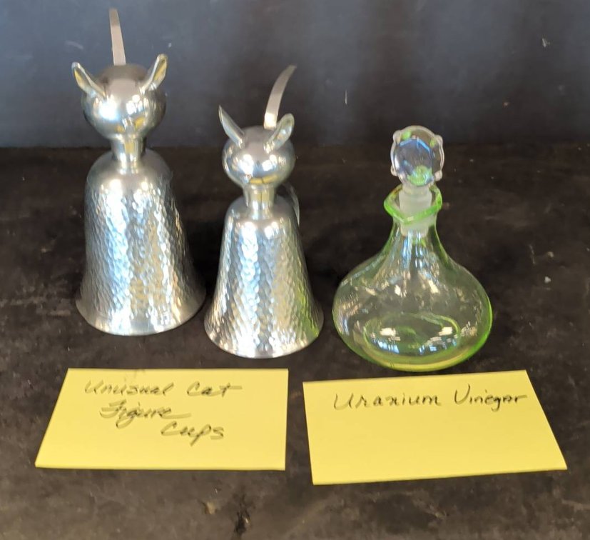 Cat Figure Cups & Uranium Glass Vinegar Bottle