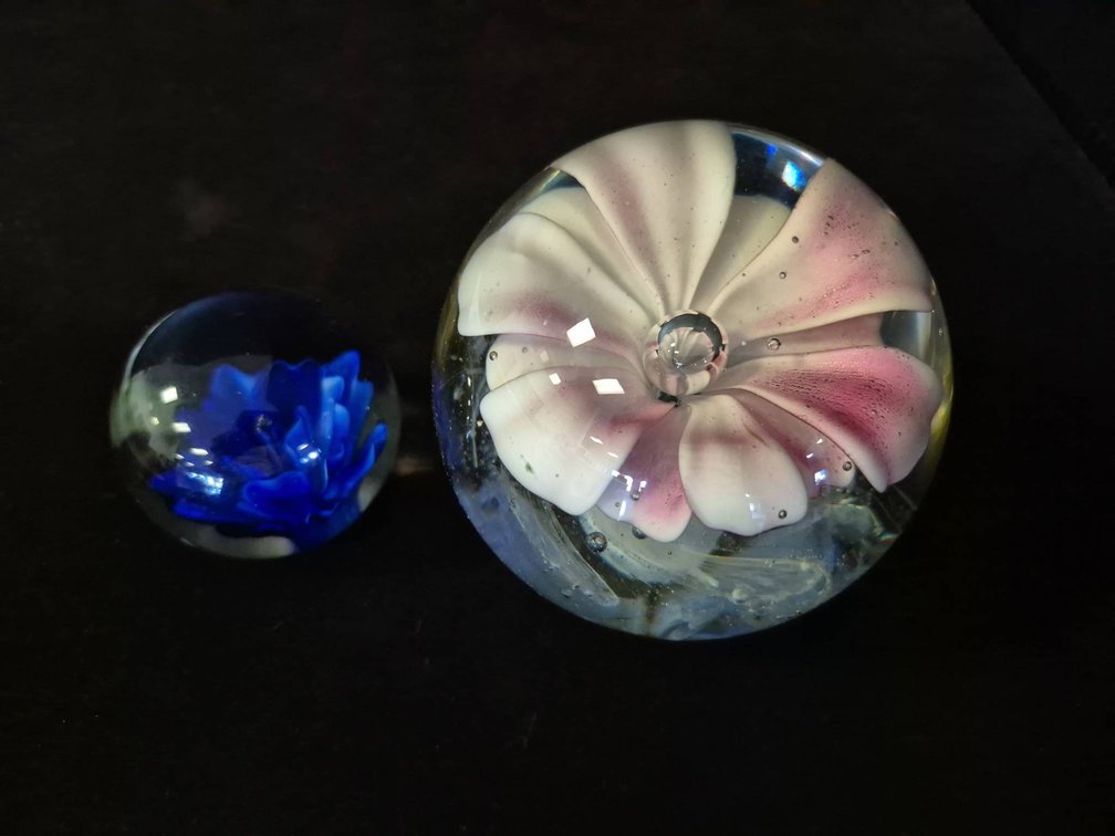 Pair Art Glass Floral Paperweights