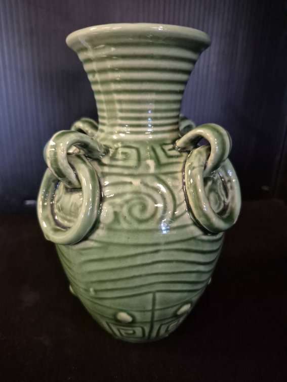 Chinese Green Celadon Ceramic Vase 4 Ring Handles