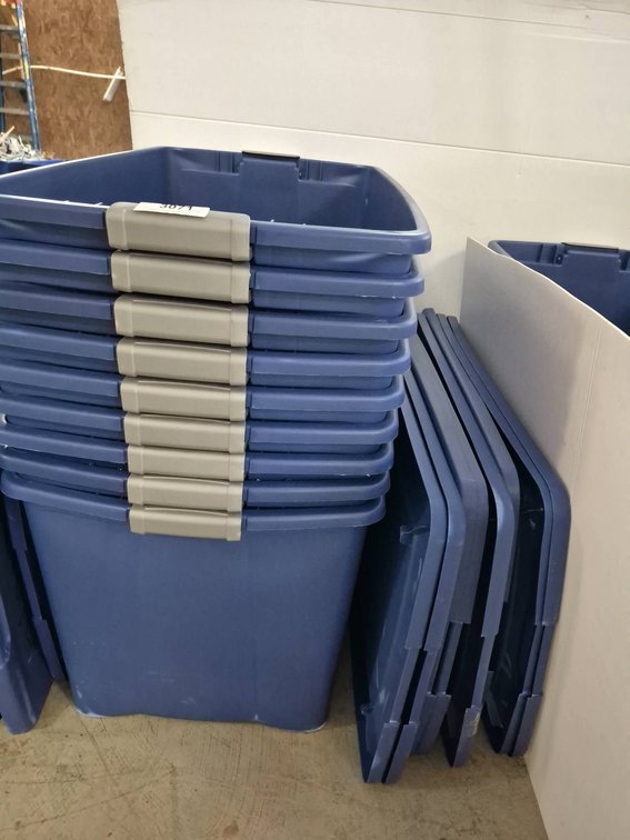 7 Blue Plastic Storage Totes with Lids