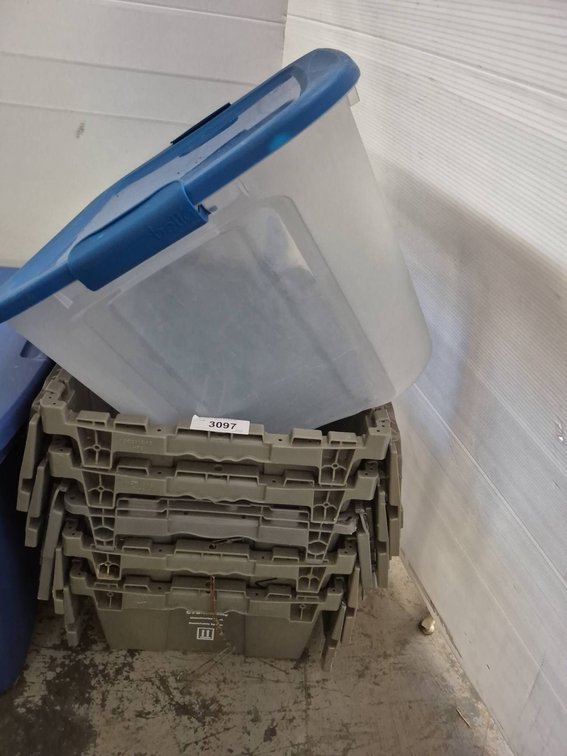 4 Gray Totes with Lids, 1 Blue-Lidded Plastic Bin