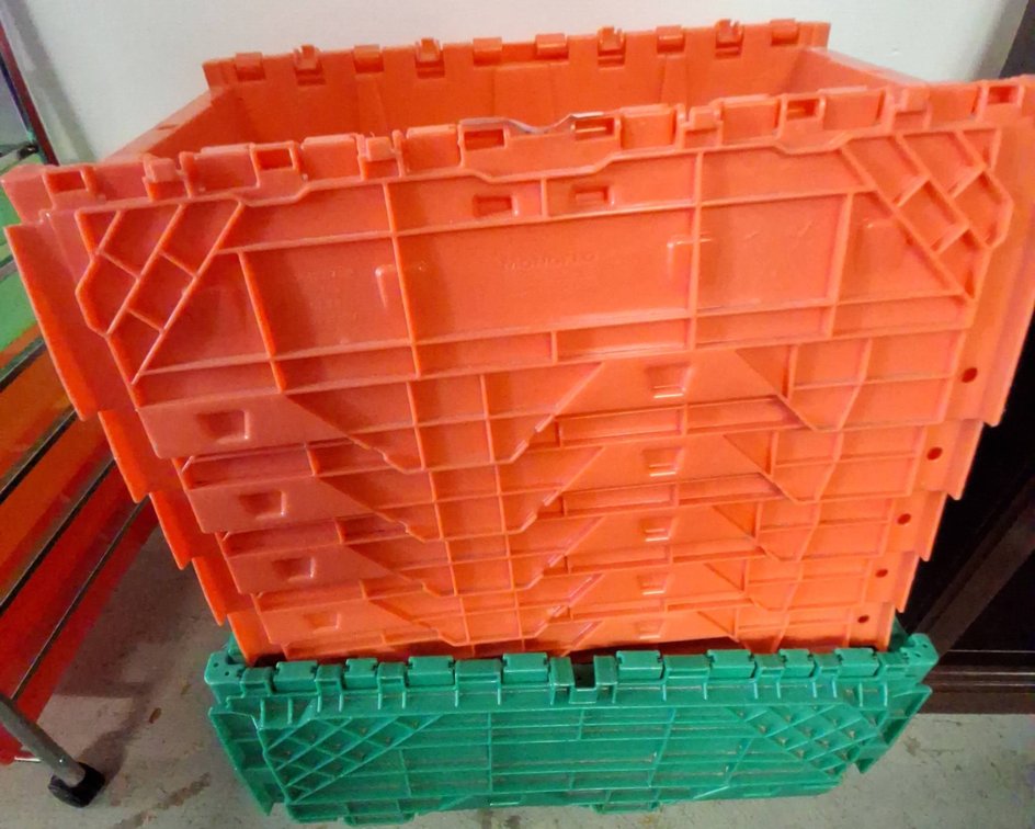 Stackable Orange and Green Plastic Storage Totes